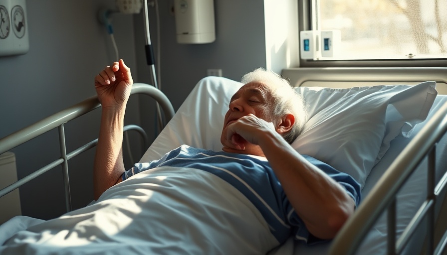Elderly person resting in hospital bed with hand on rail.
