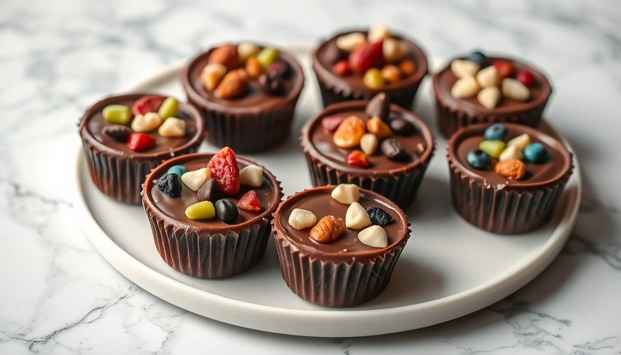 Chocolate Cups Two Ways on a white platter with nuts and fruits.