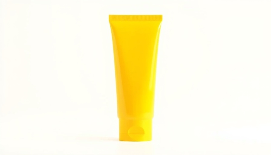 Bright yellow sunscreen tube with silver cap, product standing.