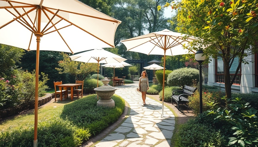 Serene backyard landscaping with stone path and umbrellas.
