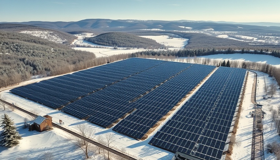 Aerial view of 26MW solar site on former coal mine in winter landscape.