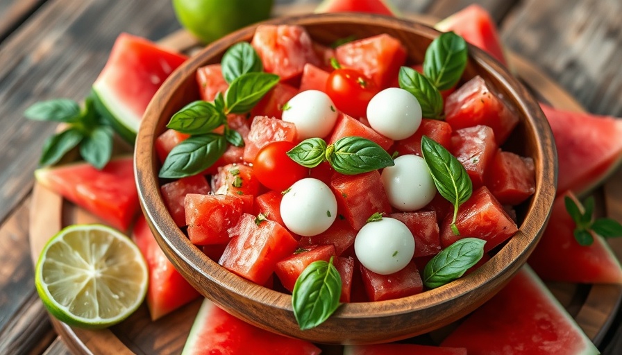 Easy summer salad with watermelon, tomatoes, mozzarella, and basil.