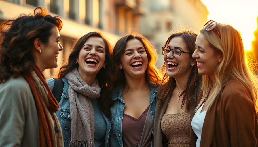 Women engaging in laughter promoting community engagement through simple greetings.