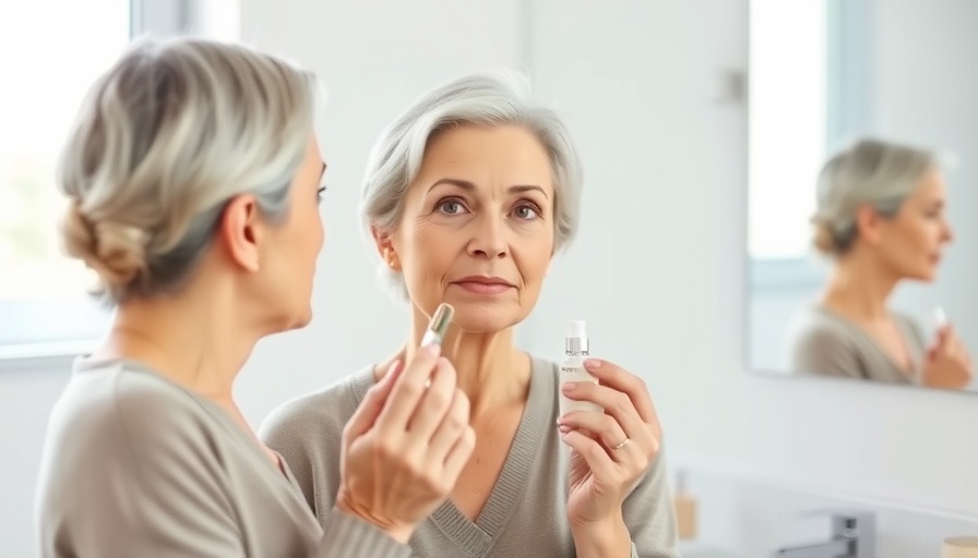 Woman in her 40s applying makeup in a bright bathroom setting.