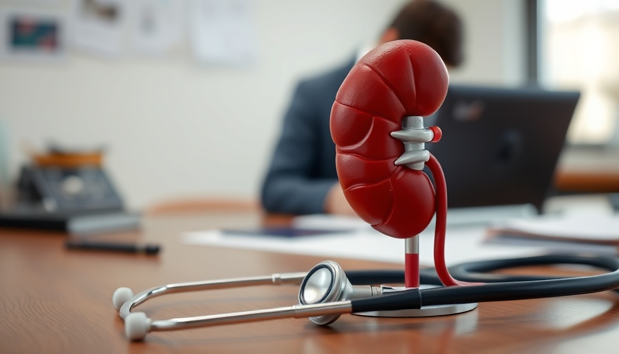 Kidney model and stethoscope on desk, Sibeprenlimab IgA nephropathy trial.