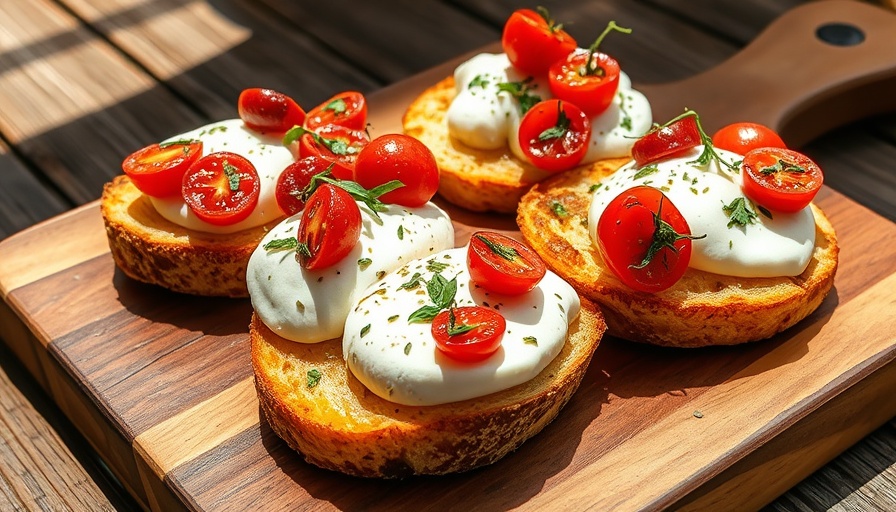 Buffalo mozzarella toasts with roasted tomatoes on a plate.