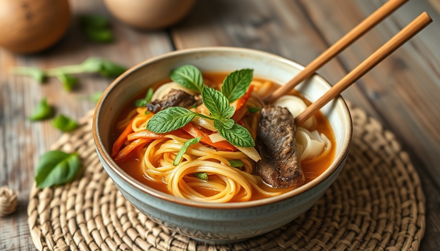 Aromatic Thai Bison and Vegetable Noodle Bowl with fresh mint.