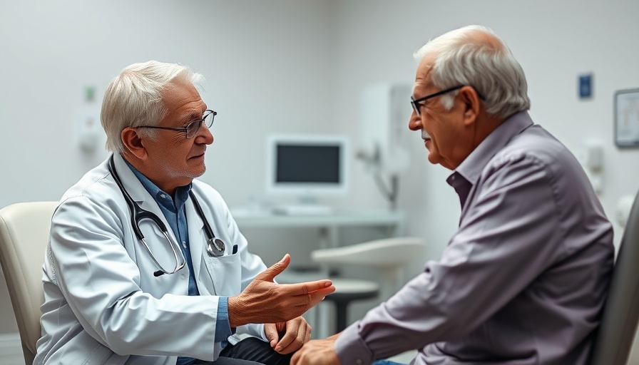 Doctor consulting older patient in medical setting, AI in hematology focus.