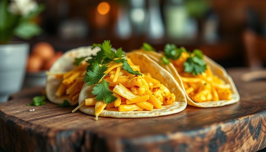 Protein-Packed Breakfast Taco with eggs and toppings on a wooden board.