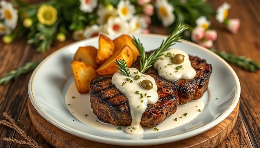 Bison Steaks with Caper-Lemon Buffalo Yogurt Sauce on a rustic table.