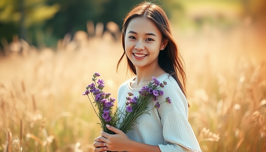 Young woman walking in a meadow, holding flowers, sunlit scene.
