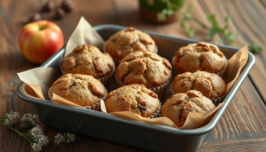 Homemade muffins on rustic tray with apple and flowers, showcasing local produce sustainability.