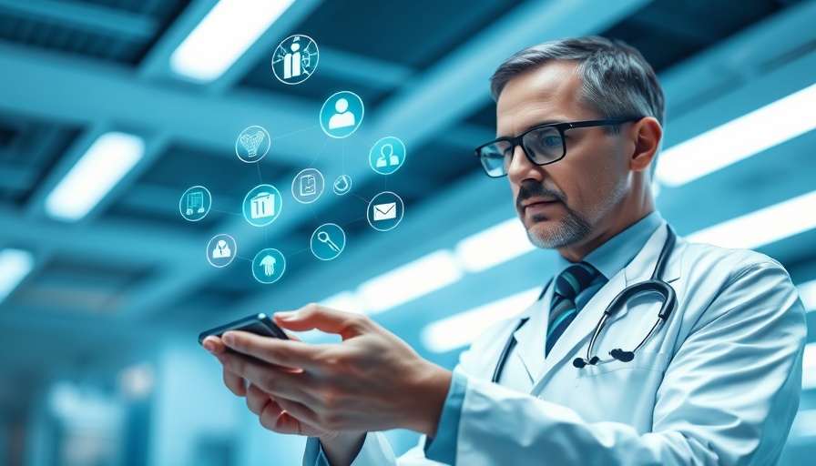 Doctor using smartphone for home albuminuria testing with floating medical icons.