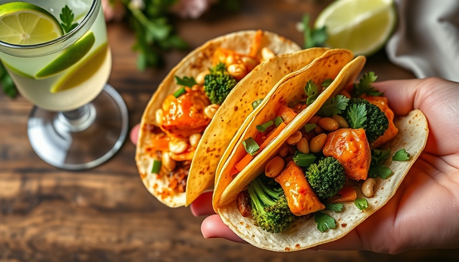 Fresh Kung Pao Salmon Tacos on wooden board.