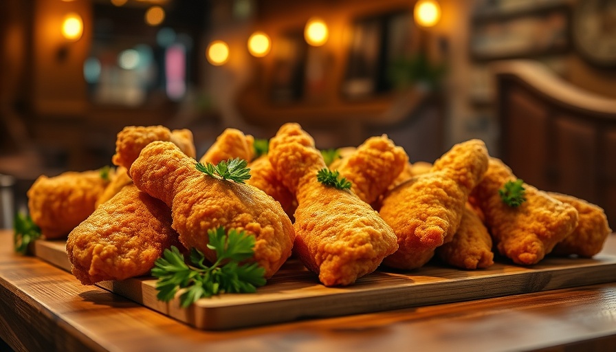 Golden fried chicken on a wooden table in Georgia restaurant.