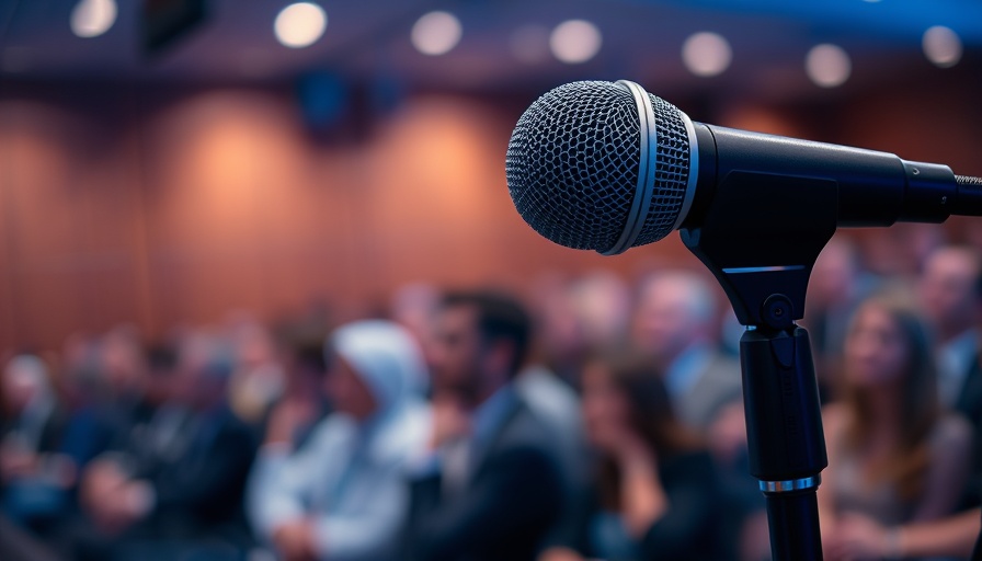 Close-up of microphone at conference with blue lighting.
