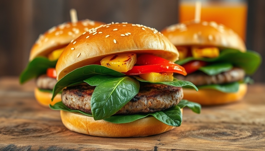 Delicious jerk turkey burgers with grilled pineapple sauce on a wooden board.