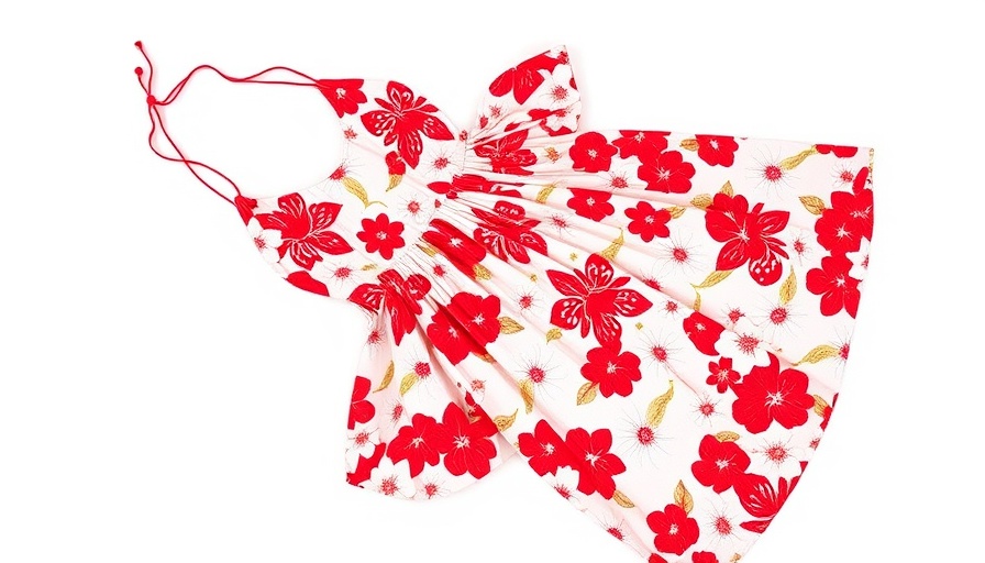 Stylish summer 2025 fashion labels featuring red and white floral dress.