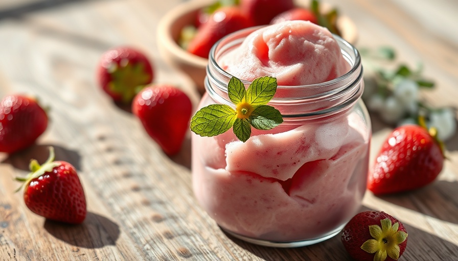 Smooth strawberry sorbet with fresh strawberries on rustic table.