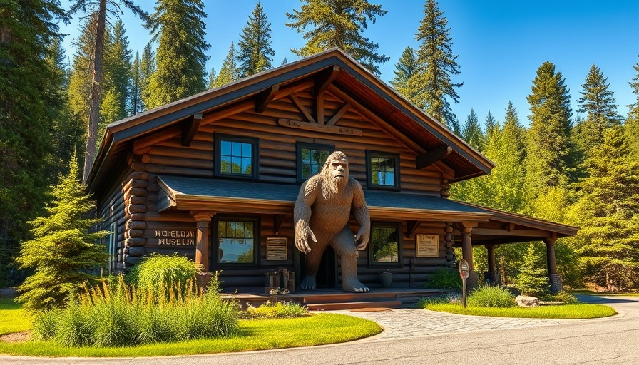 Exterior of Expedition Bigfoot Museum in Georgia with Bigfoot statue.