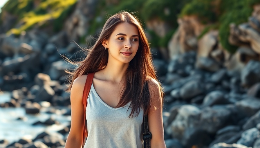 Young woman planning a solo summer date on a rocky beach.
