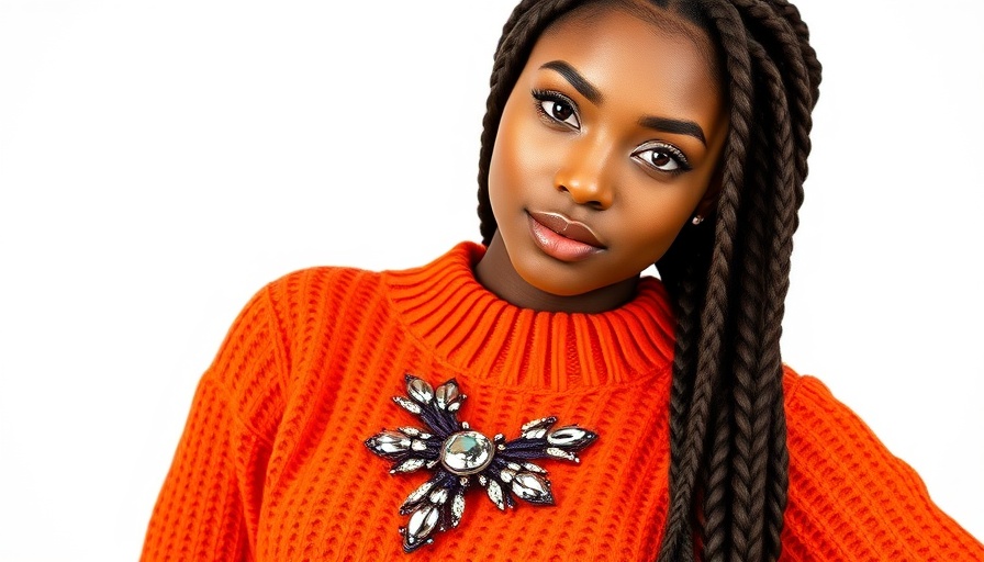 Young woman promoting sustainable fashion advocacy in an orange knit sweater.