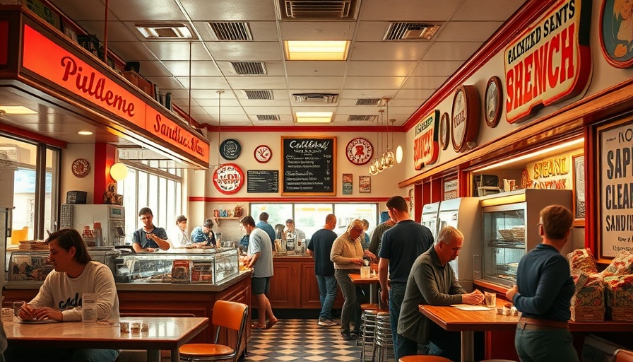 Vibrant iconic sandwich shop in Georgia, lively ambiance.