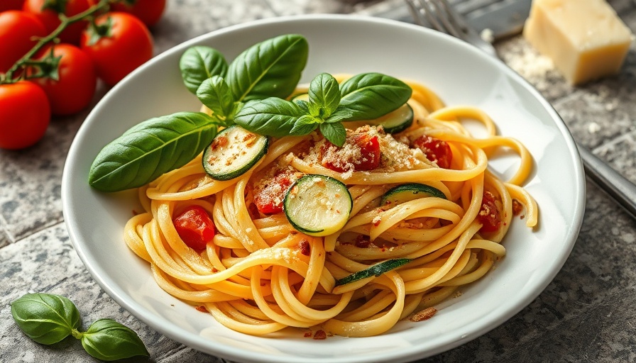 Zucchini pasta dish with basil and parmesan on rustic table.