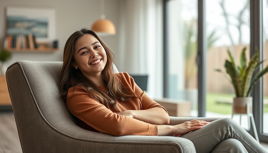 Woman enjoying a calm moment, leaning on an armchair, surrounded by minimalist decor, representing a cure for time anxiety.