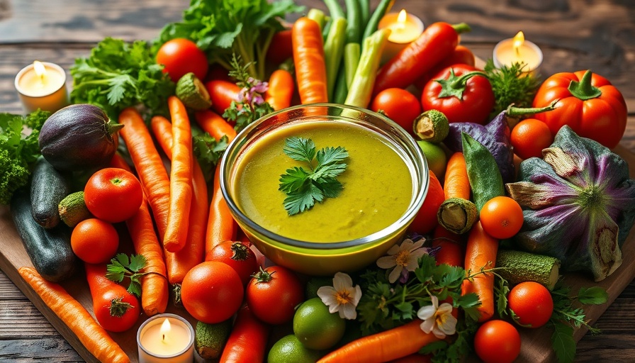 Garden crudités with cilantro orange and lime dressing centerpiece.