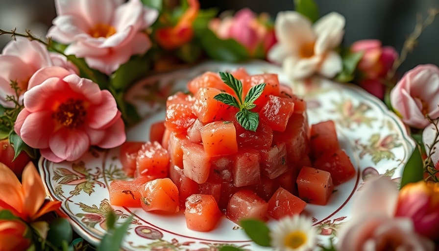 Watermelon Tartare Recipe elegantly presented on decorated table.