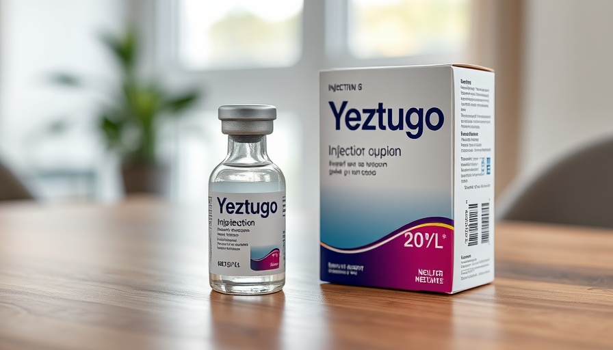 Yeztugo medication bottle and box on a table, in an indoor setting.