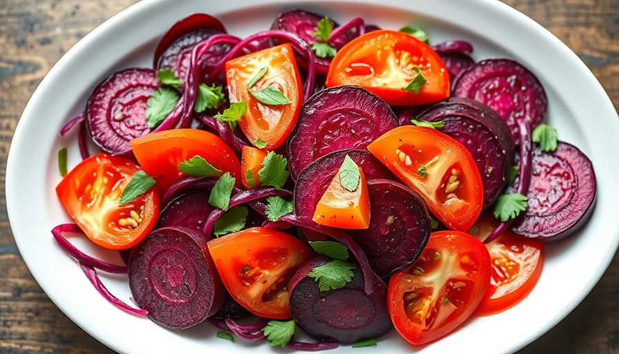 Colorful rainbow beet salad recipe with tomatoes and herbs.