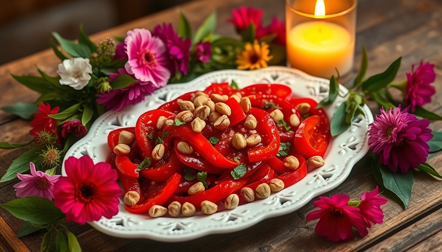 Roasted red pepper salad with hazelnuts elegantly displayed.