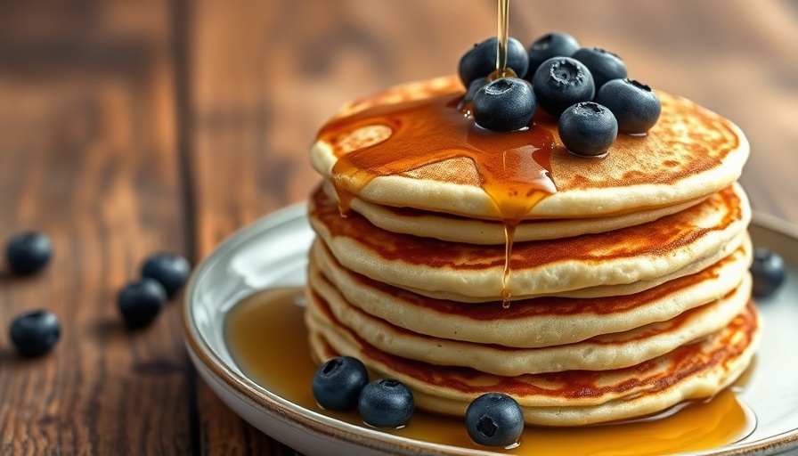 Ria's Bluebird pancakes topped with blueberries and syrup.