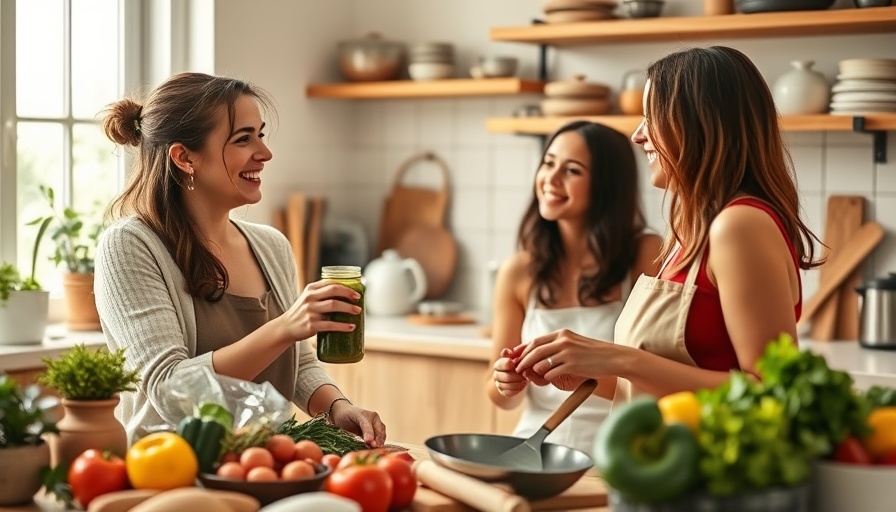Two women happily preparing a high-protein lunch in a sunny kitchen.