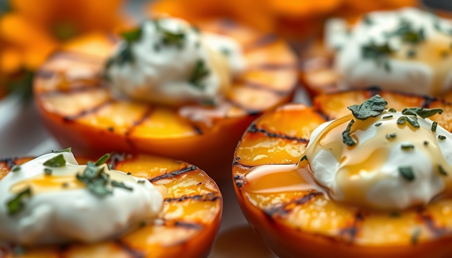 Grilled peaches with rosemary hot honey and herbs on a plate.