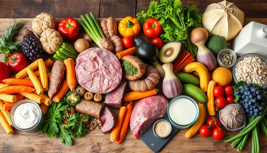 Diverse assortment of foods; fruits, vegetables, meats, and dairy, emphasizing nutrition.