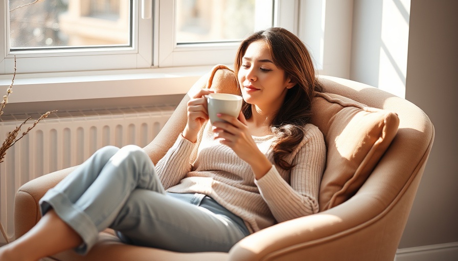 Woman practicing grounding techniques for stress relief in a cozy chair, sipping coffee.