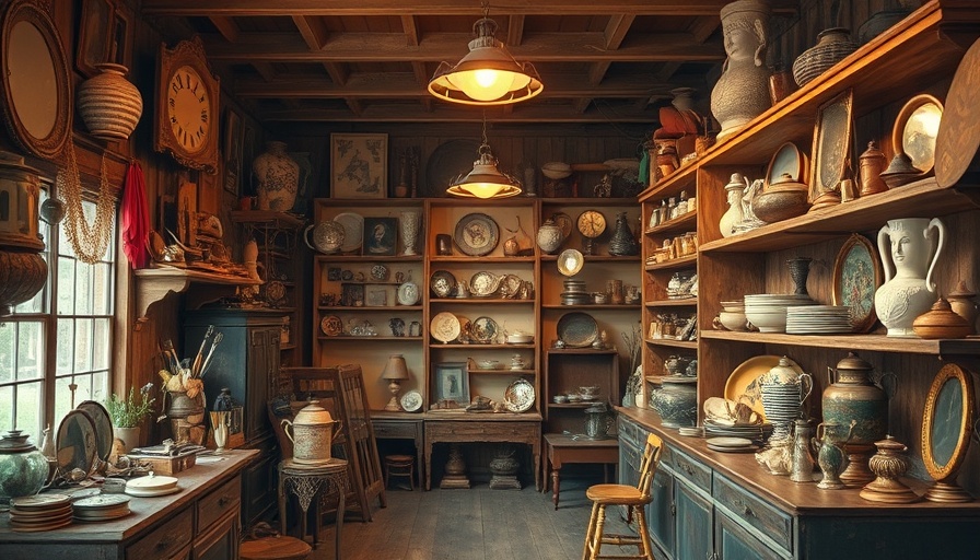 Charming interior of Brass Armadillo Antique Mall, warm lighting.