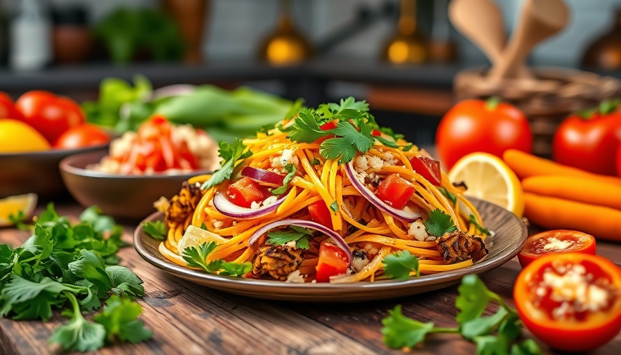 Vegetarian taco salad recipe with fresh ingredients on rustic table.