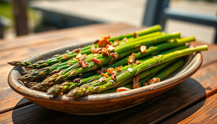 Roasted asparagus with nuts on plate, perfect for midsummer recipes.