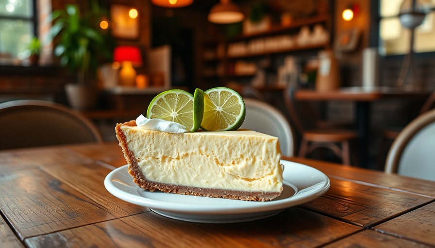 Key Lime Pie in Savannah, slice on rustic table with lime garnish.