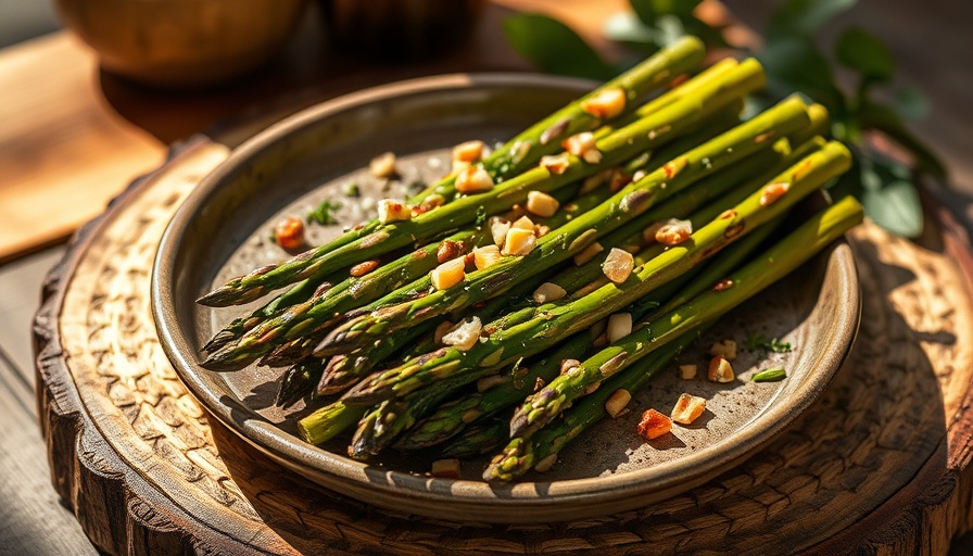 Crisp fire-grilled asparagus with nuts and herbs on rustic plate.