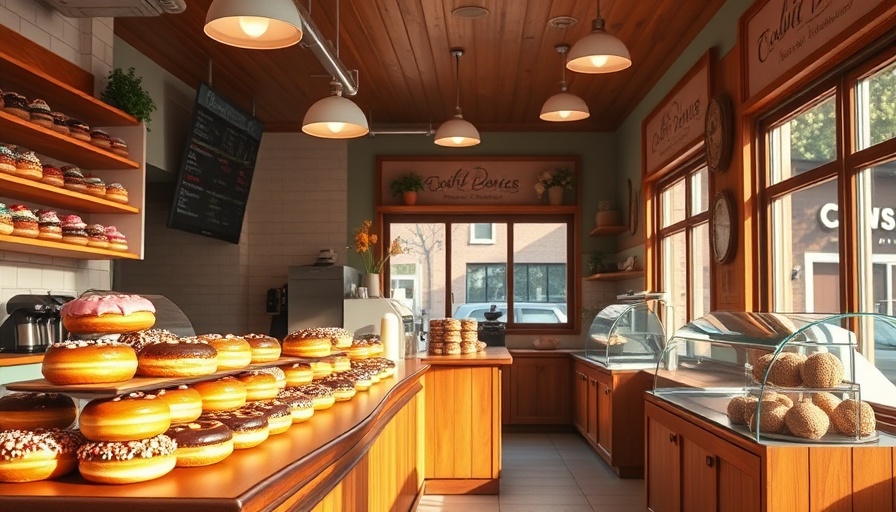 Inviting interior of a cozy donut shop in Georgia with colorful donuts on display.