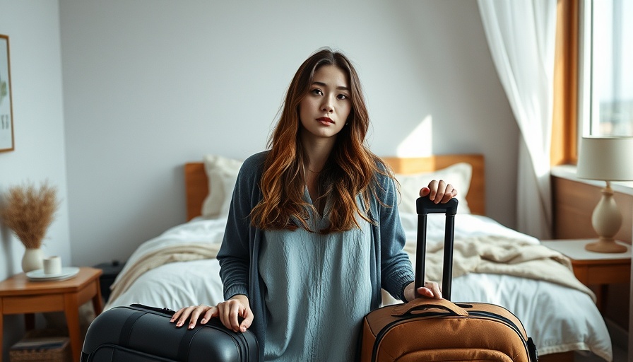 Woman packing travel essentials in a suitcase on bed.