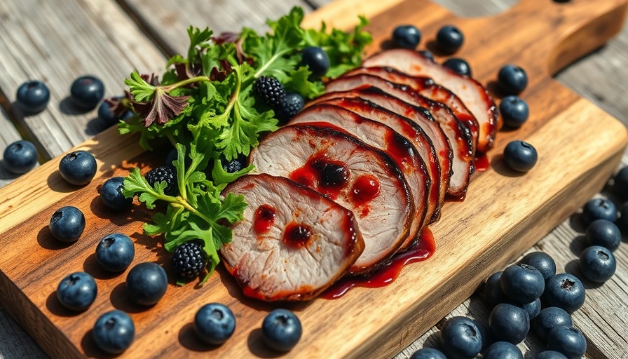 Wild Ginger and Blueberry Glazed Duck Breast on rustic board with greens.