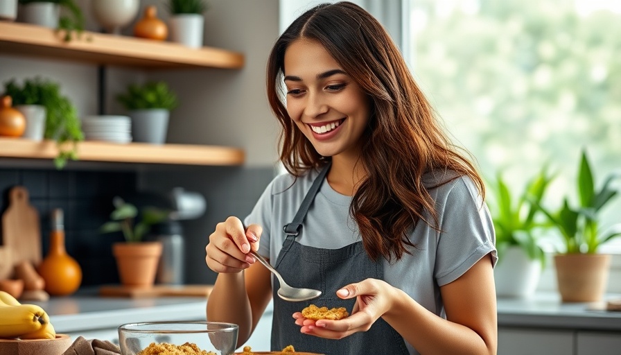 Woman in kitchen making high-protein snacks, bright and natural setting.