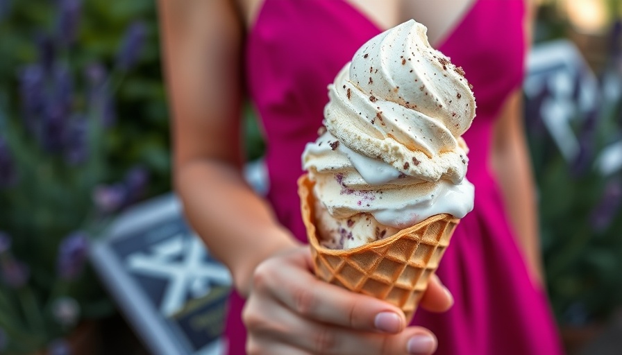 Lavender honey bee pollen ice cream in a cone, held outdoors.