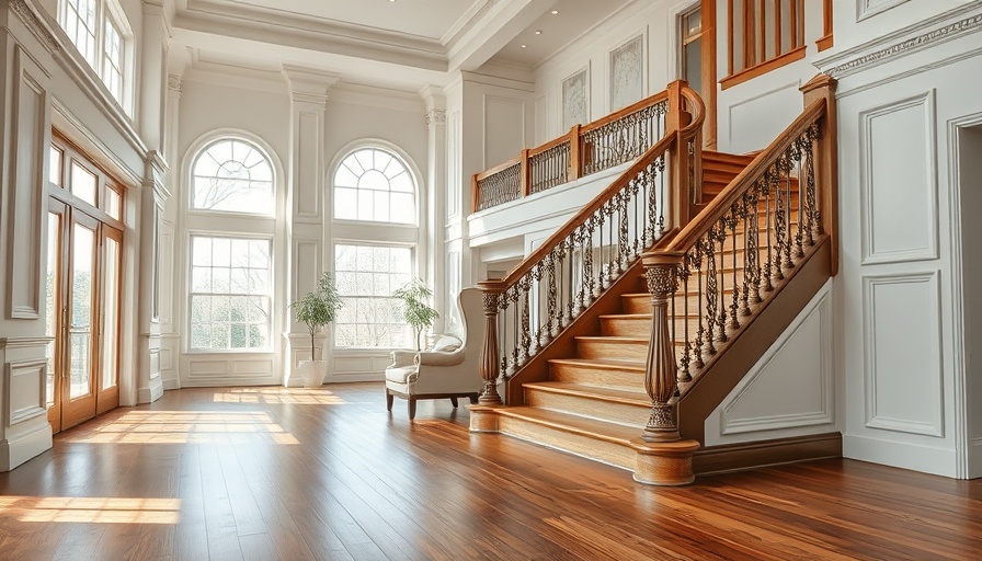 Elegant living space with oak flooring and grand staircase.